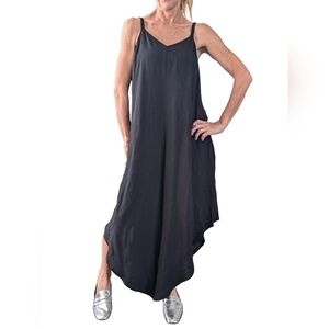 Royalty NY Black Wide Leg Flowy Asymmetrical Harem Romper Jumpsuit Rayon S